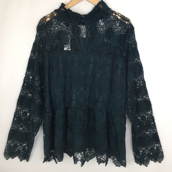 Lane Bryant Crochet Lace Peplum Tunic Top Women’s Mock Neck Blouse Dark Teal - Picture 15 of 16